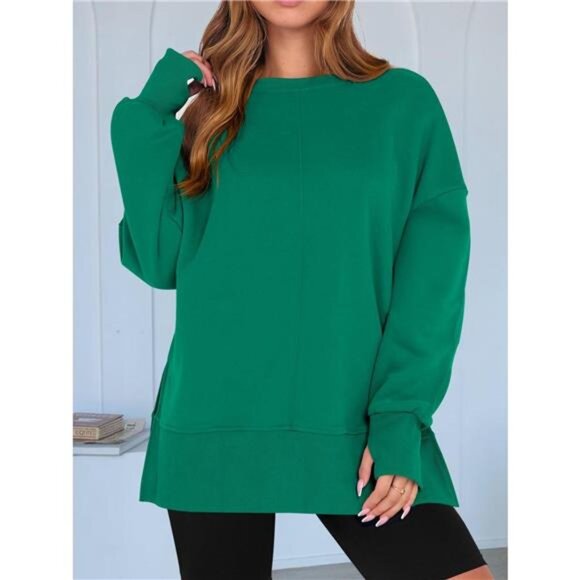 Side Slit Round Neck Long Sleeve Sweatshirt - Picture 7 of 16